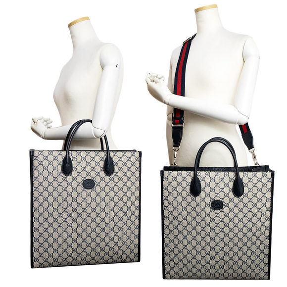 Gucci G Medium Tote Handbag Crossbody GG Supreme Navy Blue Beige - Picture 8 of 10